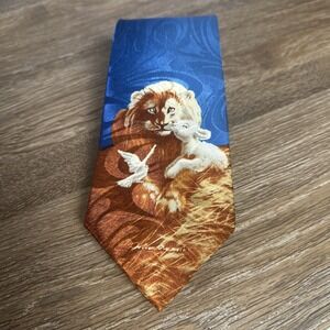 Lion and Lamb Tie Blue Christian Gospitality Novelty Silk Easter Necktie 3.5"
